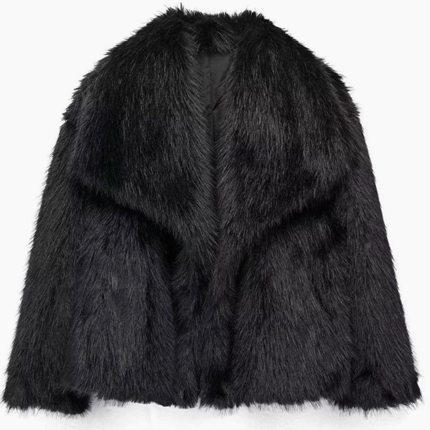 Women's Cropped Open-Front Faux Fur Winter Jacket - Black