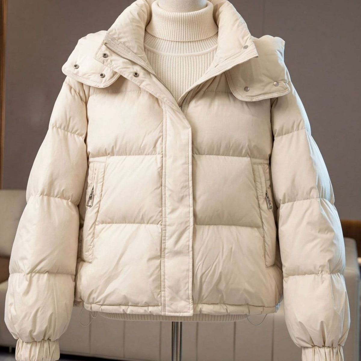 Women's Cropped Quilted Padded Puffer Winter Coat - Cream