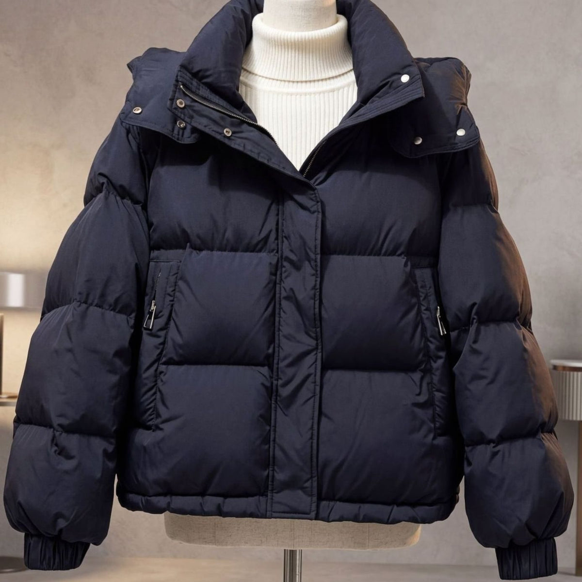 Women's Cropped Quilted Padded Puffer Winter Coat - Blue