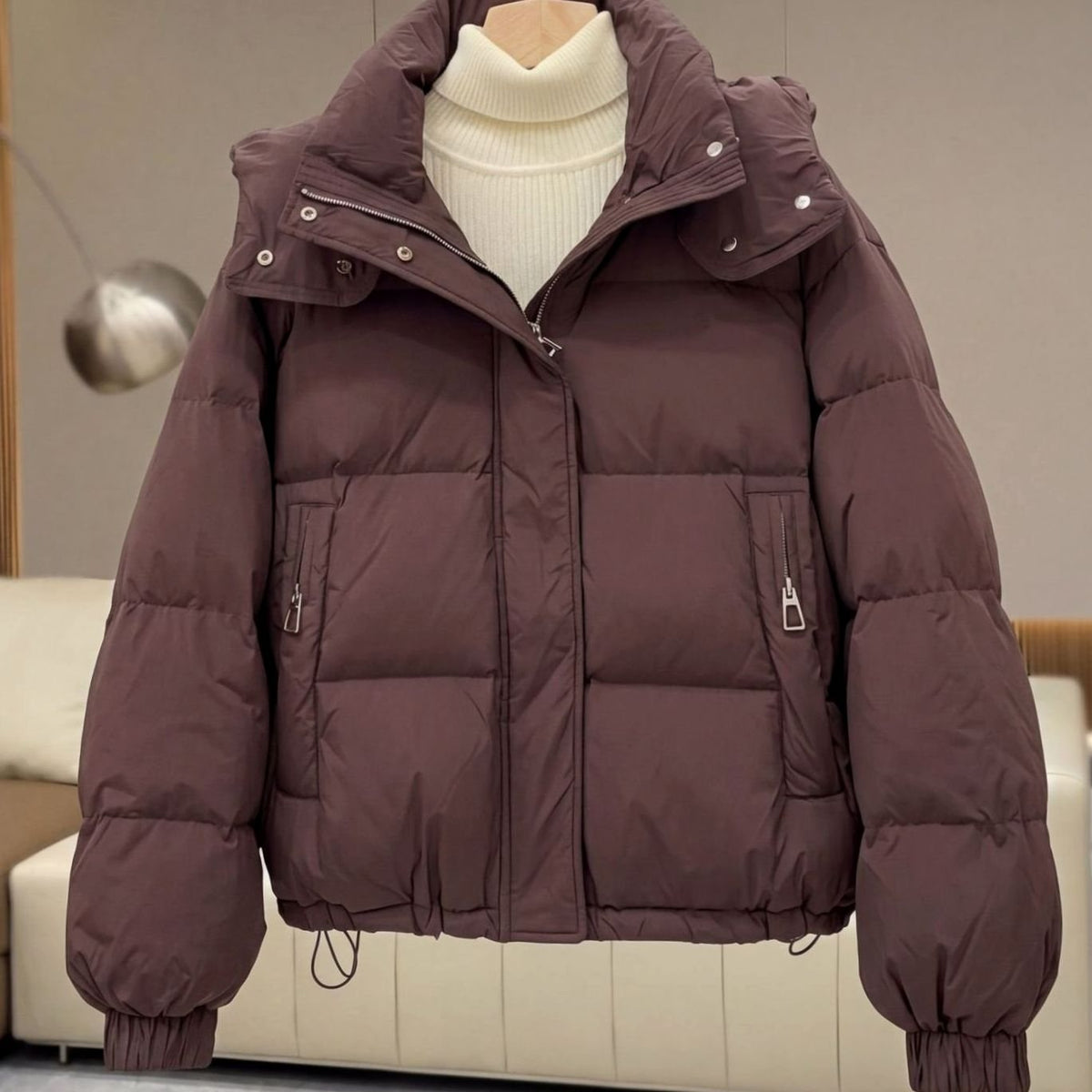 Women's Cropped Quilted Padded Puffer Winter Coat - Brown