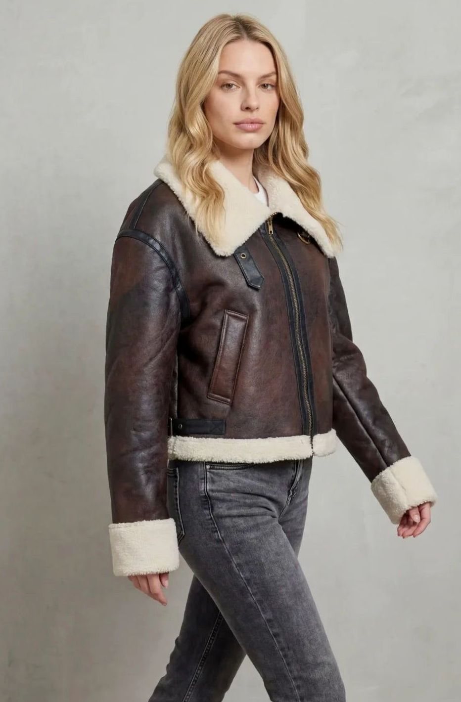 Women's Cropped Shearling-Trim Faux Leather Aviator Jacket
