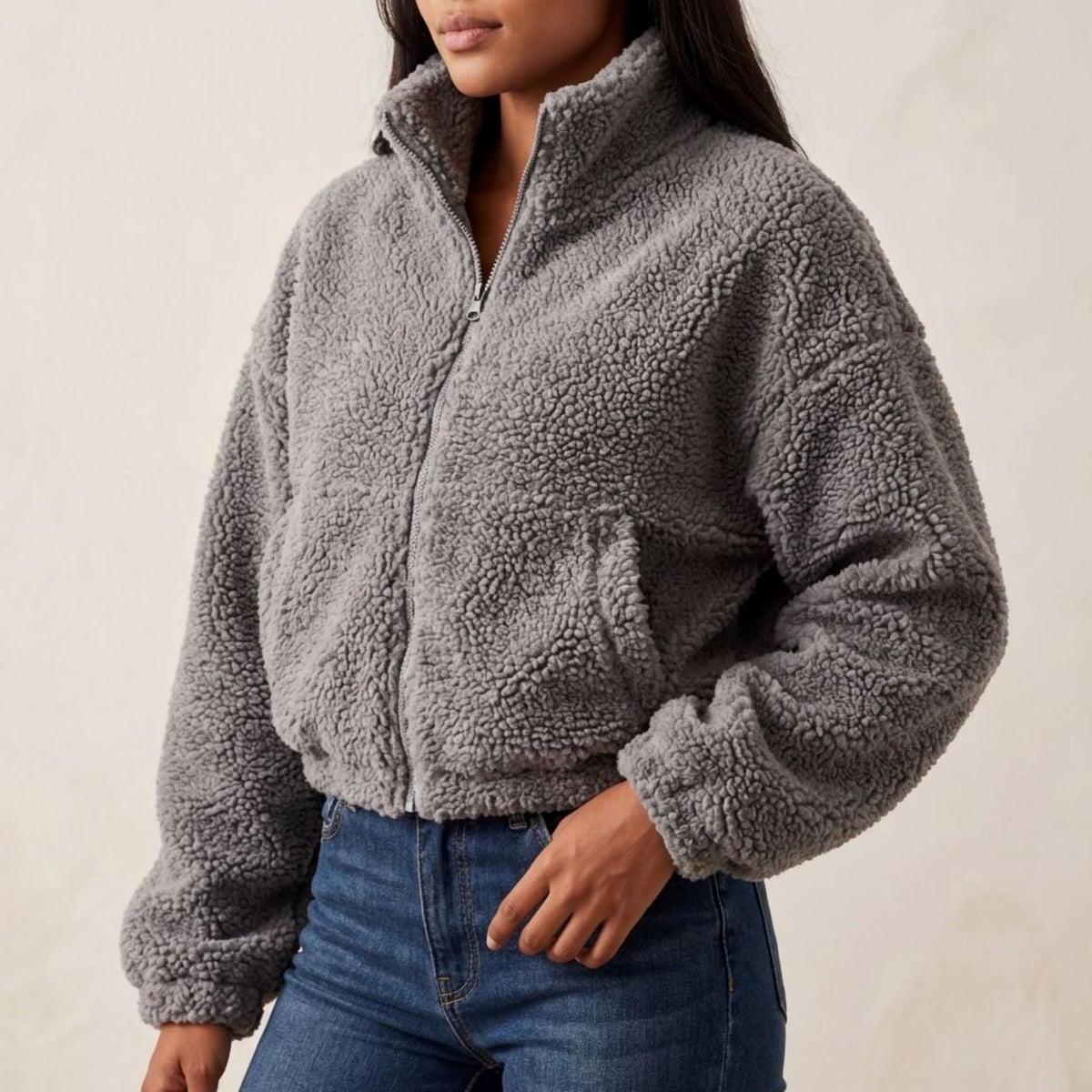 Women's Cropped Sherpa Fleece Jacket Funnel Neck Half-Zip - Grey