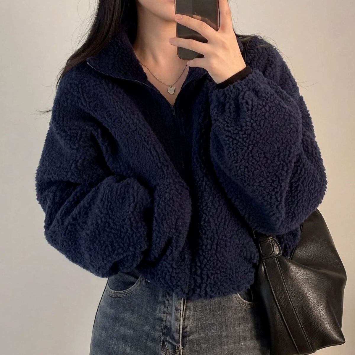 Women's Cropped Sherpa Fleece Jacket Funnel Neck Half-Zip - Blue