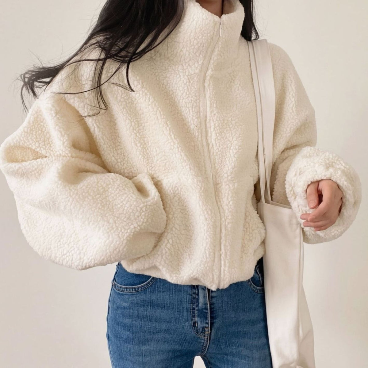 Women's Cropped Sherpa Fleece Jacket Funnel Neck Half-Zip