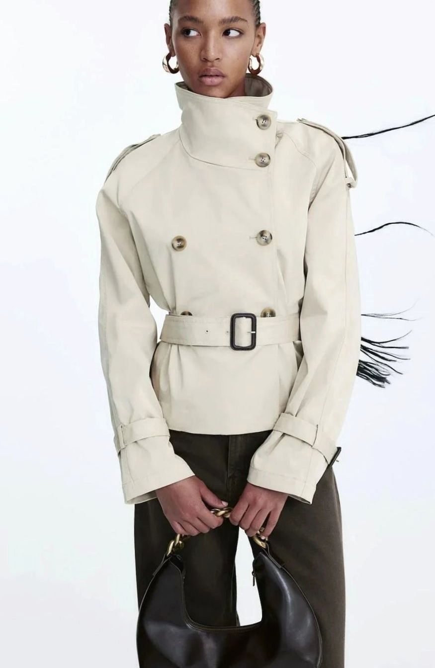 Women's Cropped Trench Coat High-Neck Belted Double-Breasted Jacket - Light Brown