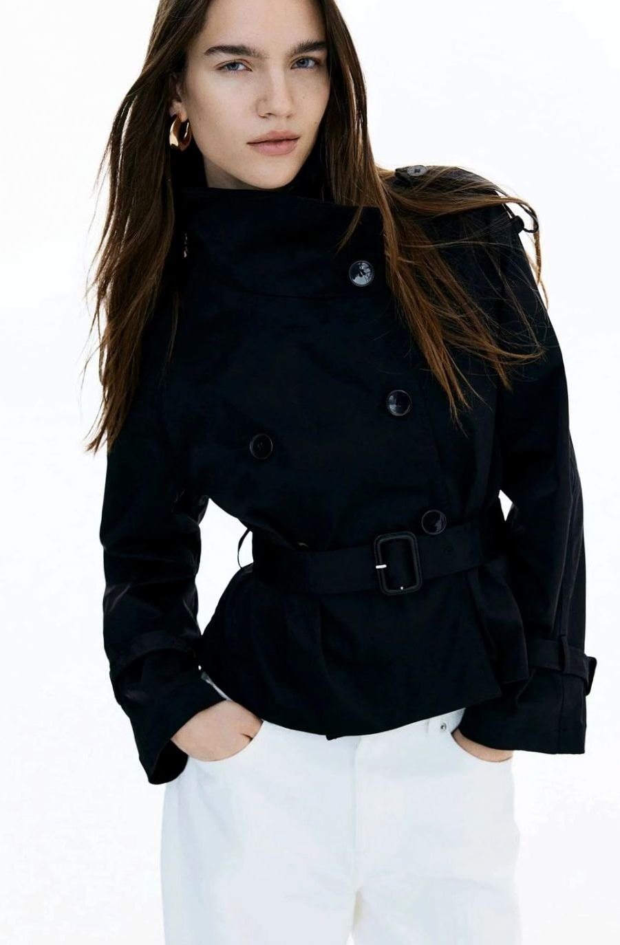 Women's Cropped Trench Coat High-Neck Belted Double-Breasted Jacket - Black
