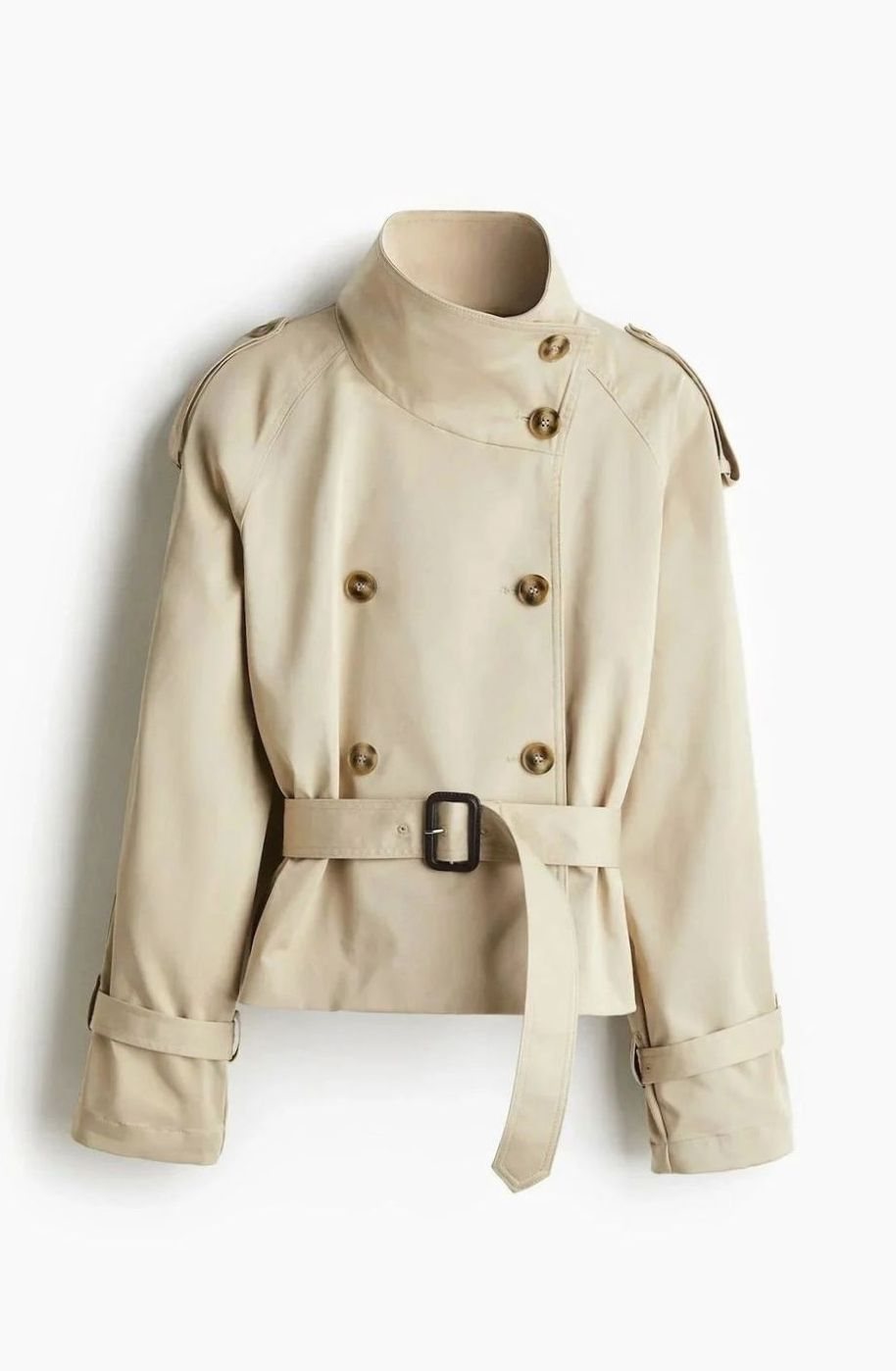 Women's Cropped Trench Coat High-Neck Belted Double-Breasted Jacket