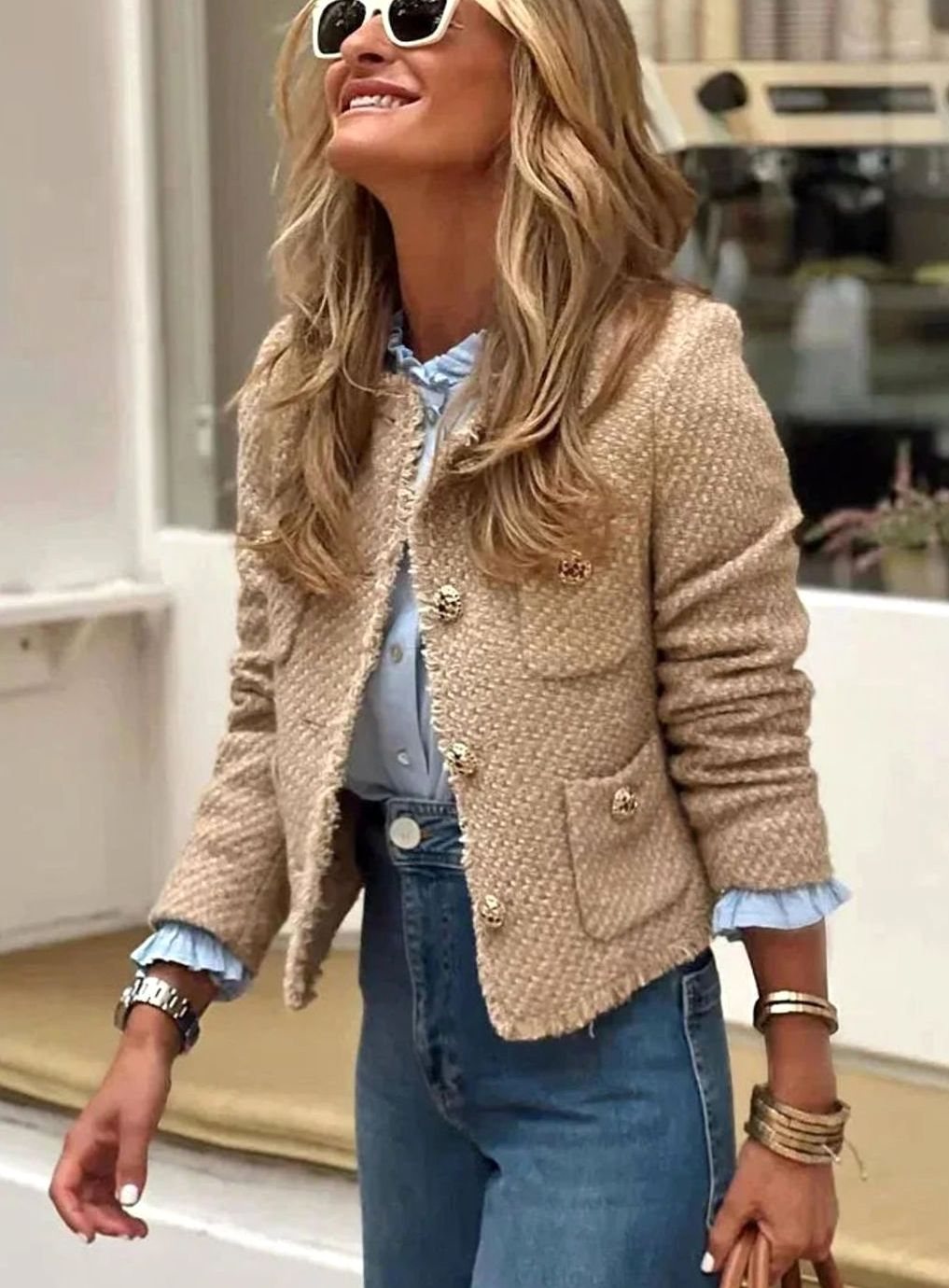 Women's Cropped Tweed Blazer Collarless Gold-Button Jacket - Light Brown