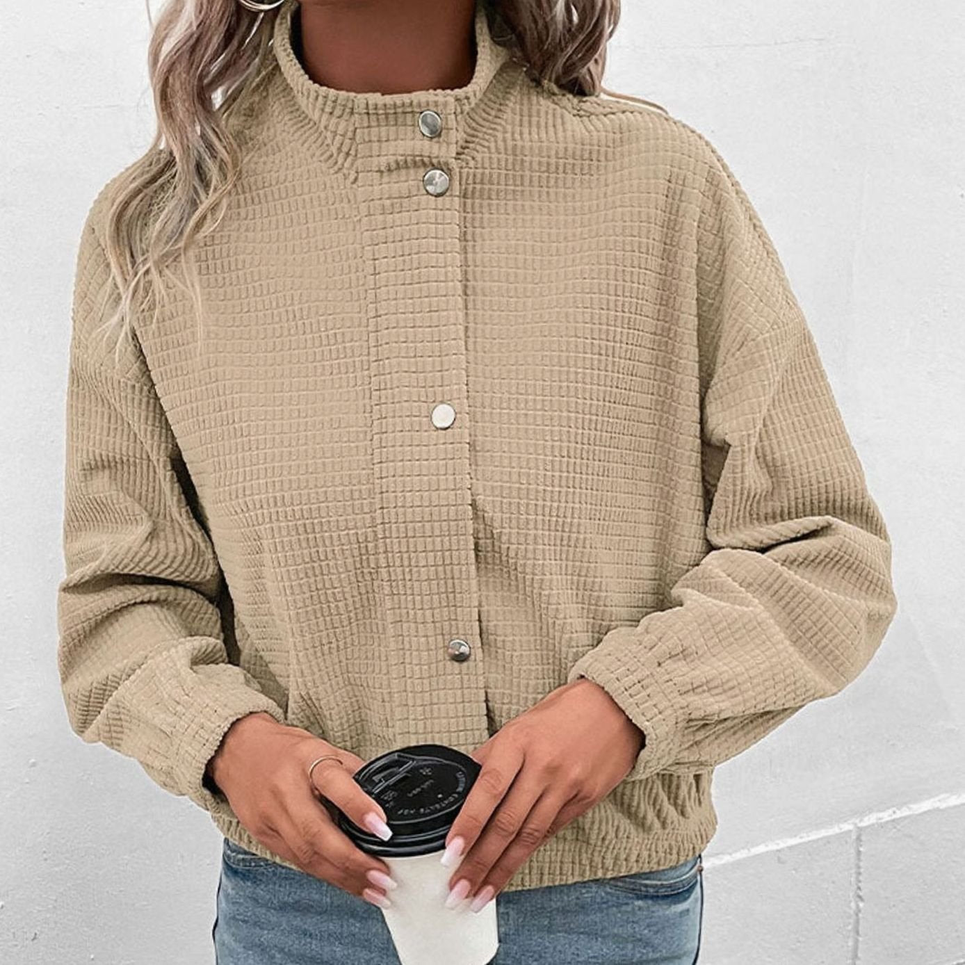 Women's Cropped Waffle-Knit Button-Up Bomber Jacket