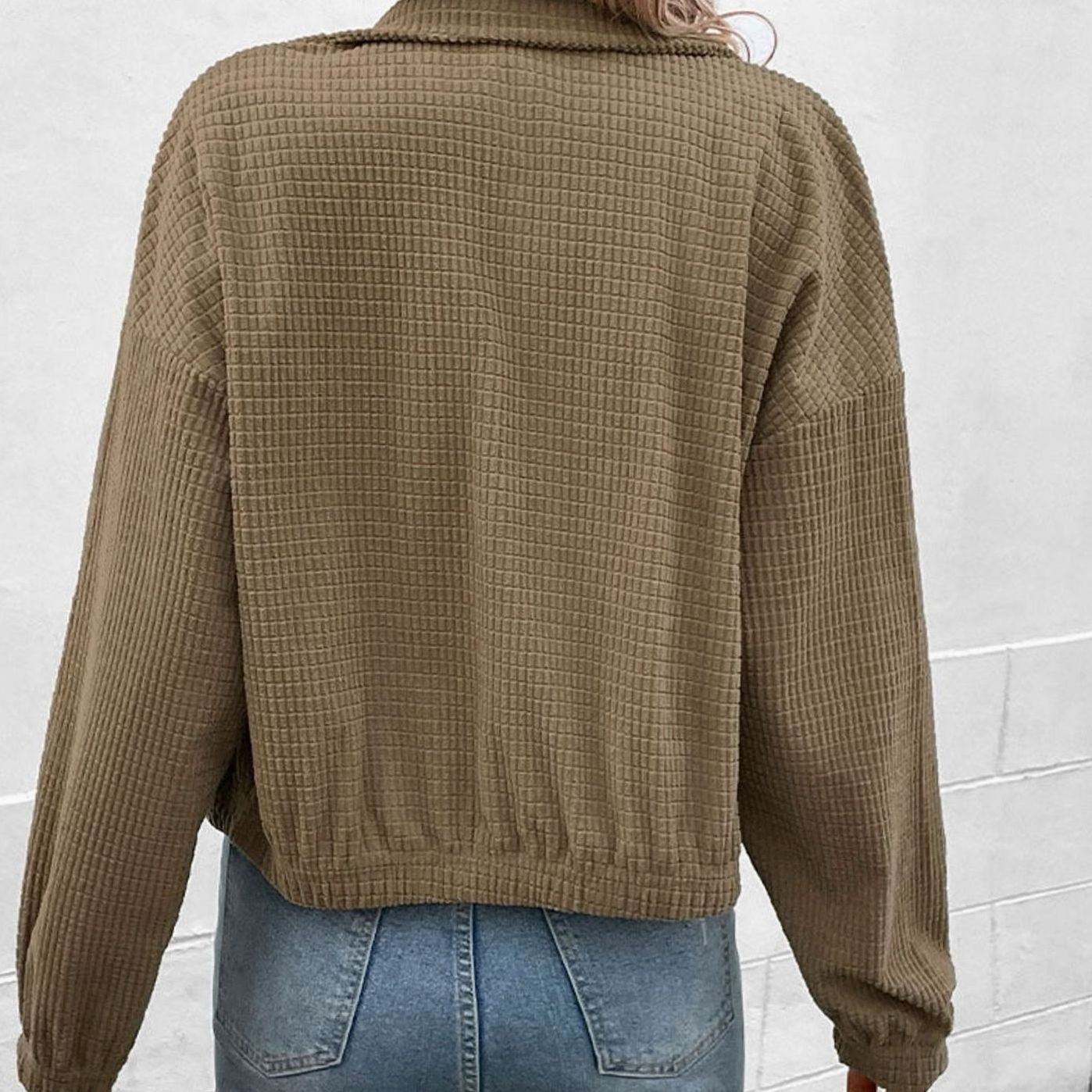 Women's Cropped Waffle-Knit Button-Up Bomber Jacket