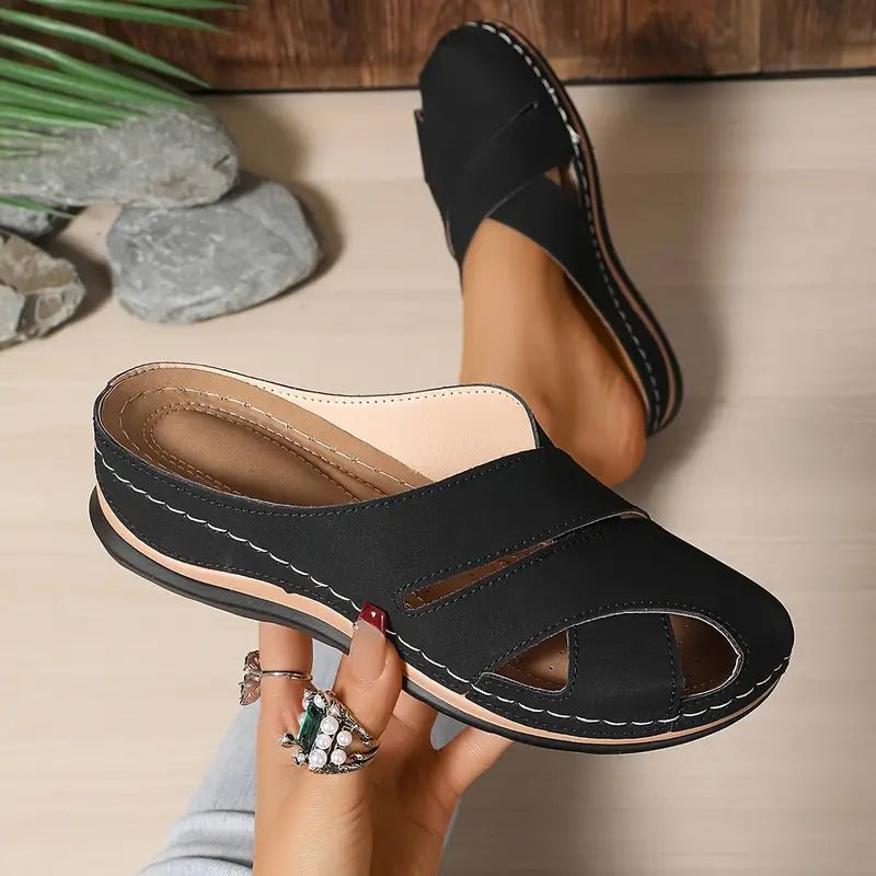 Women's Cushioned Slip-On Open-Toe Comfort Mule Sandals - Black