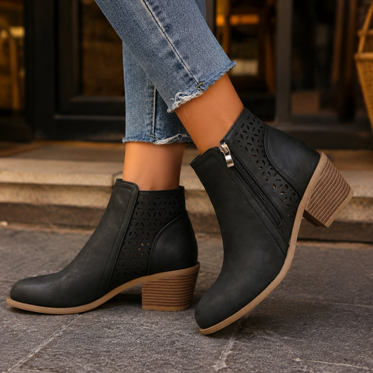 Women's Cutout Panel Side-Zip Block-Heel Ankle Boots - Black