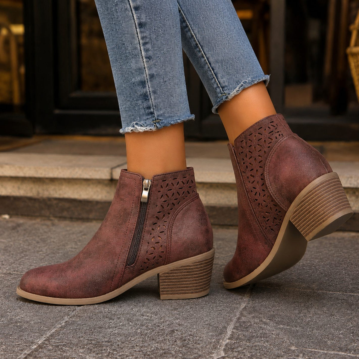 Women's Cutout Panel Side-Zip Block-Heel Ankle Boots - Maroon