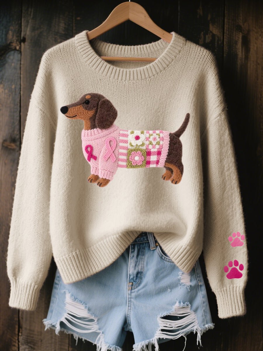 Women's Dachshund Patchwork Floral Crew Neck Knit Sweater - Beige
