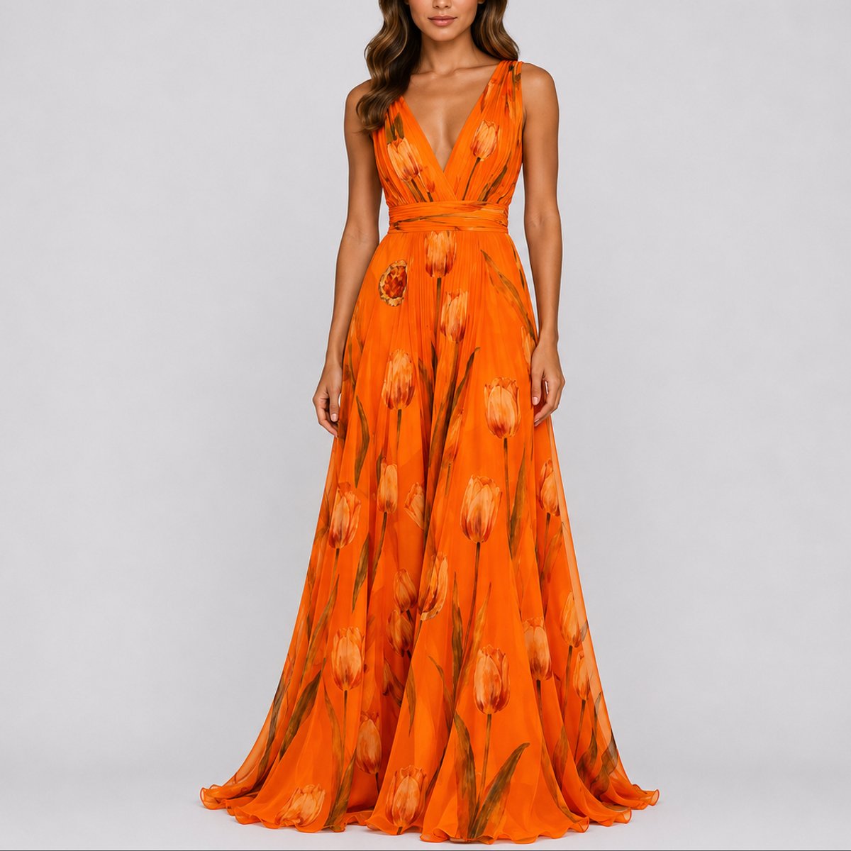Women's Deep V-Neck Floral Chiffon A-Line Maxi Dress - Orange