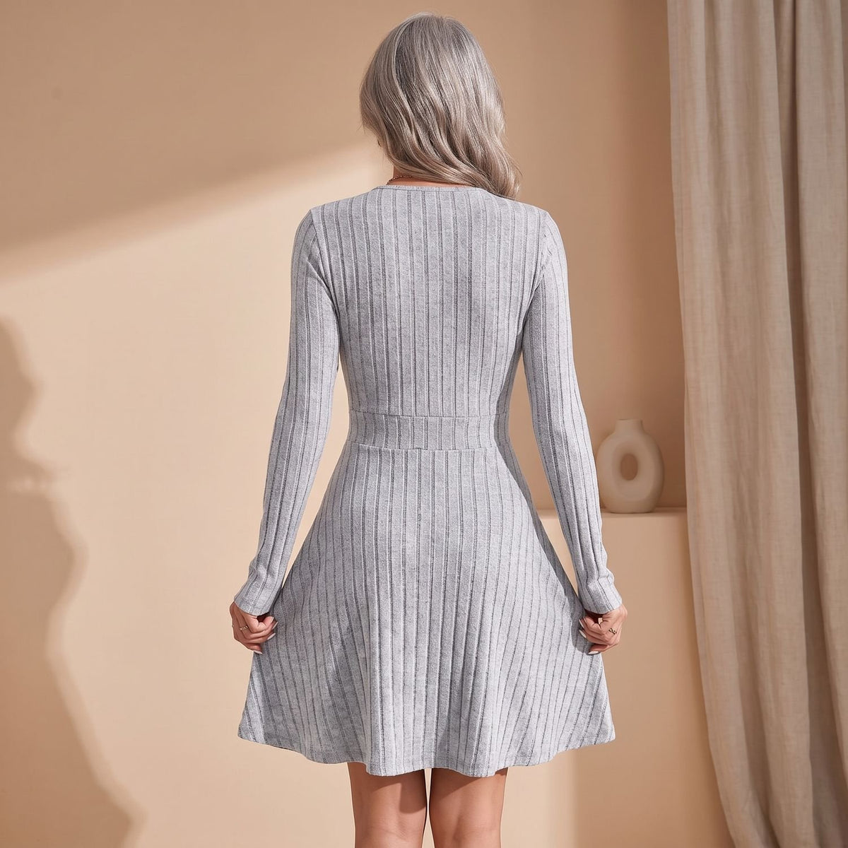 Women's Deep V-Neck Long Sleeve Ribbed Knit A-Line Mini Dress