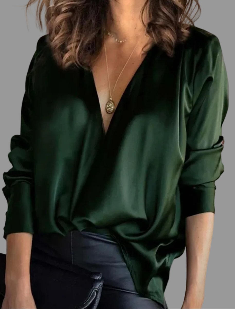 Women's Deep V-Neck Satin-Style Long Sleeve Draped Blouse - Green