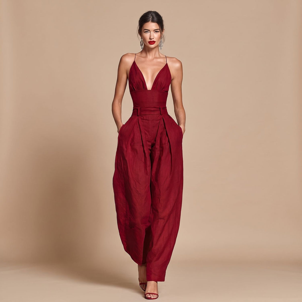 Women's Deep V-Neck Spaghetti Strap High-Waist Wide-Leg Jumpsuit