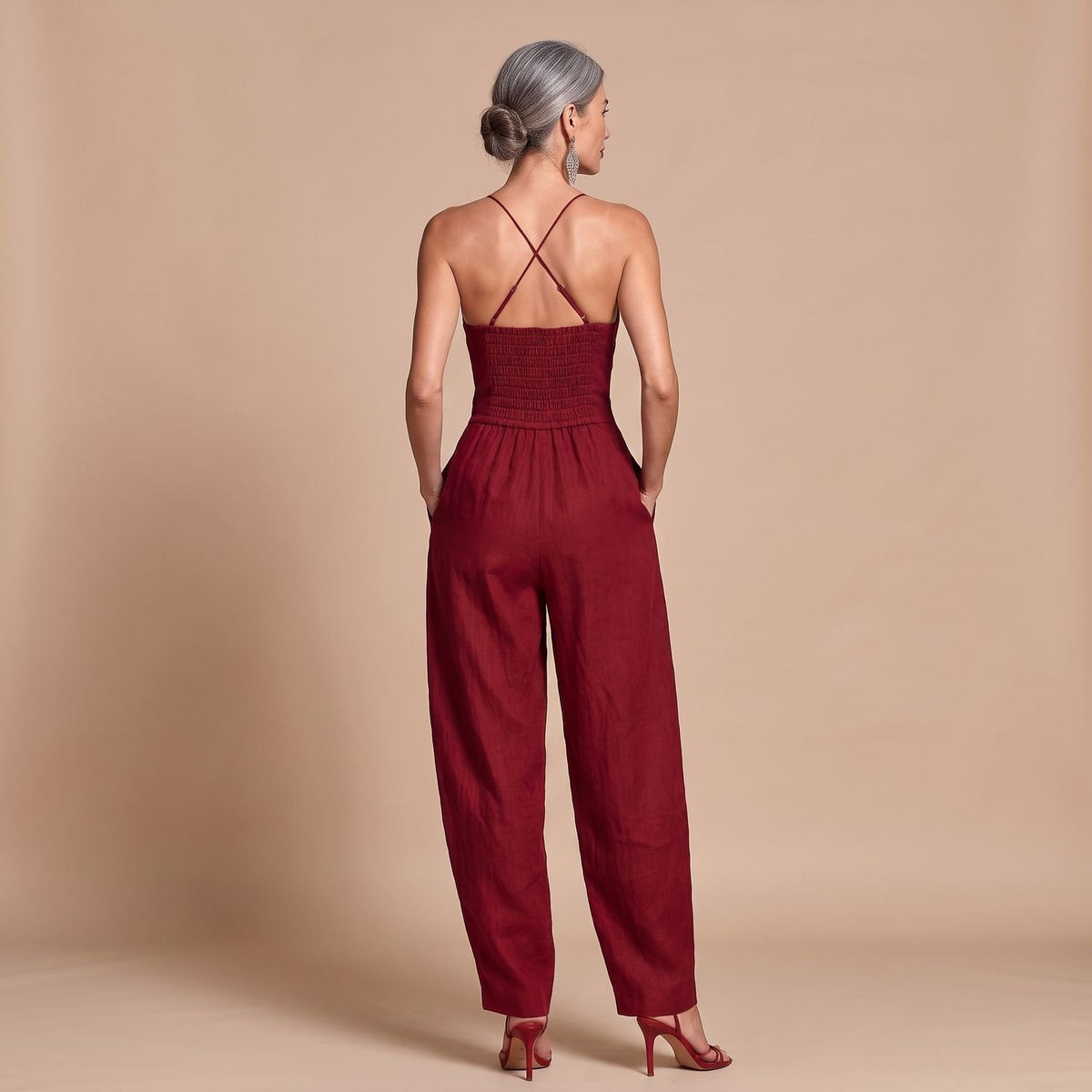 Women's Deep V-Neck Spaghetti Strap High-Waist Wide-Leg Jumpsuit