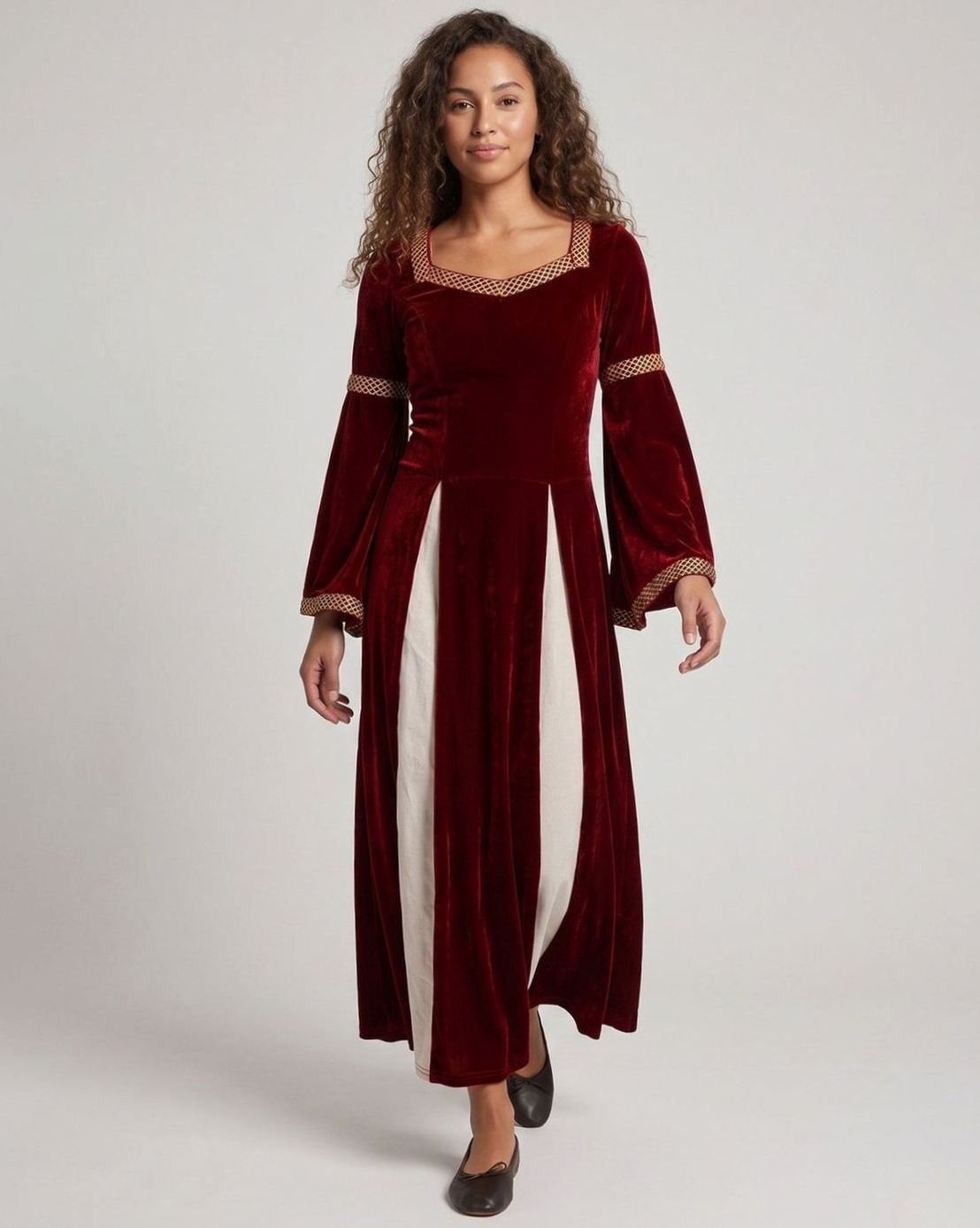Women's Defined-Waist Velvet Maxi Dress Flowing Bell Sleeves
