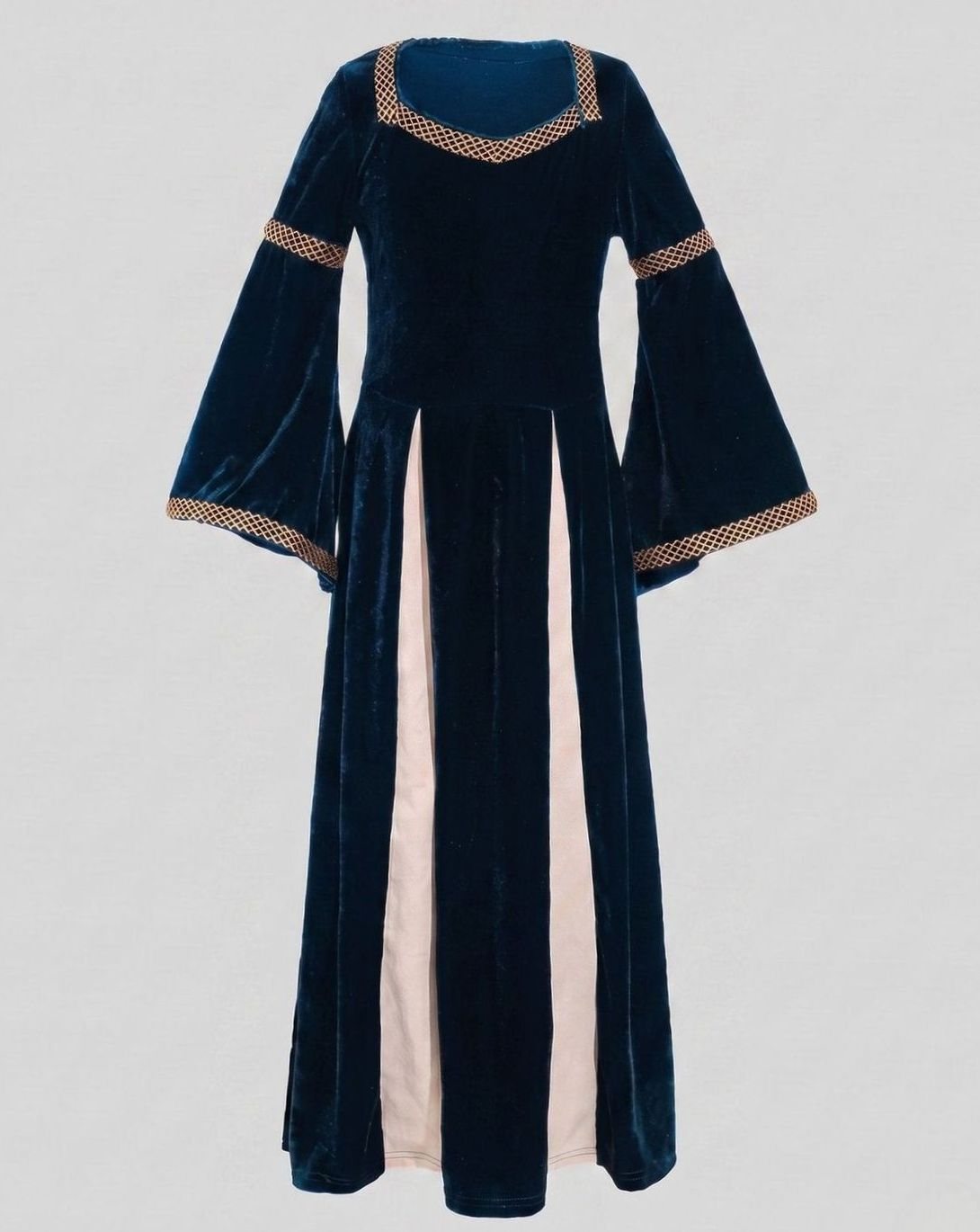 Women's Defined-Waist Velvet Maxi Dress Flowing Bell Sleeves - Dark Blue