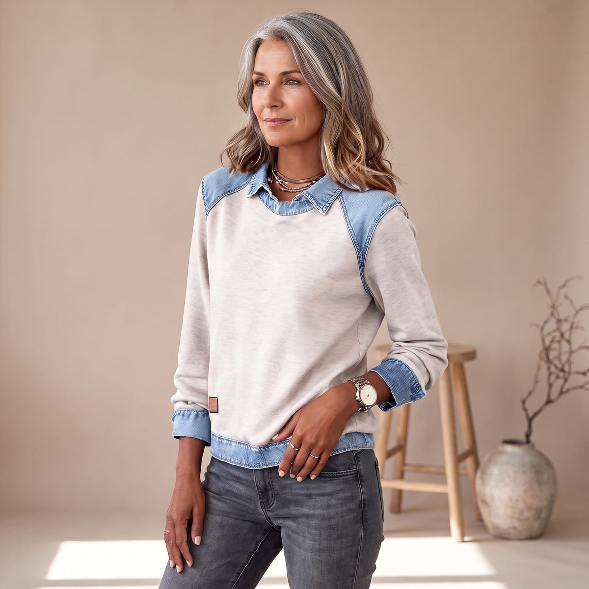 Women's Denim-Collar Long-Sleeve Knit Pullover Sweater - Beige
