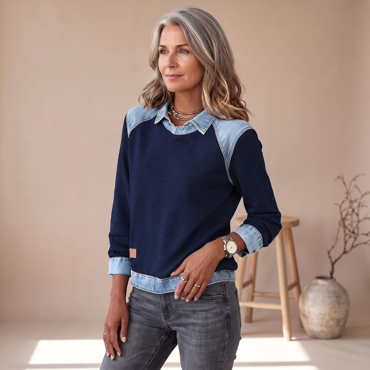 Women's Denim-Collar Long-Sleeve Knit Pullover Sweater - Navy Blue