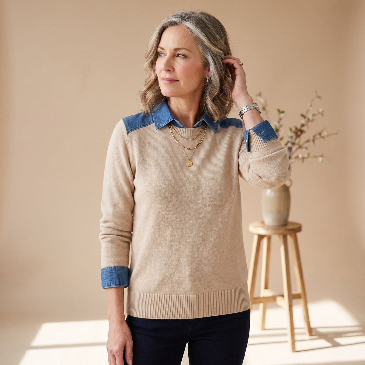 Women's Denim-Collar Long-Sleeve Knit Pullover Sweater - Khaki