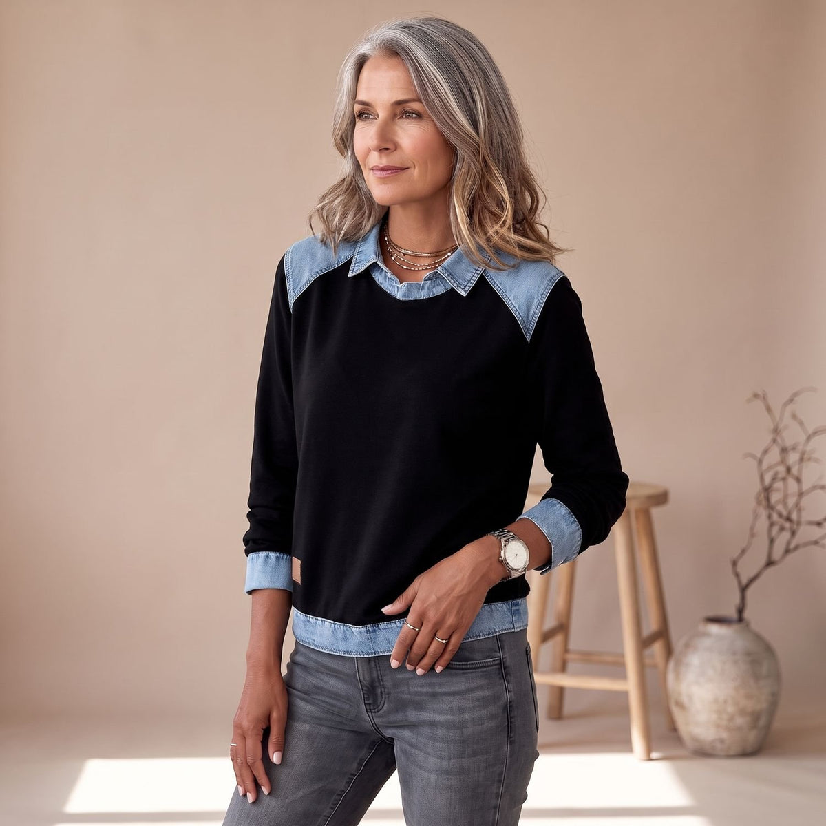Women's Denim-Collar Long-Sleeve Knit Pullover Sweater - Black