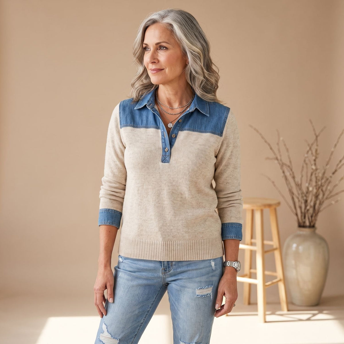 Women's Denim-Collar Long-Sleeve Knit Pullover Sweater