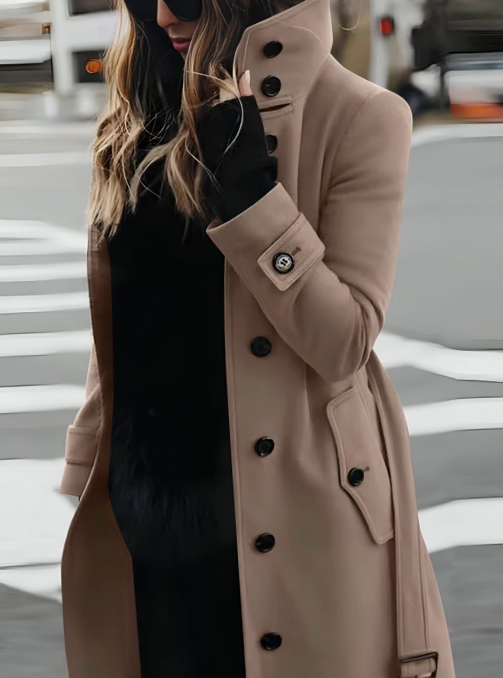 Women's Double-Breasted Belted Wool Coat High-Collar Trench - Beige