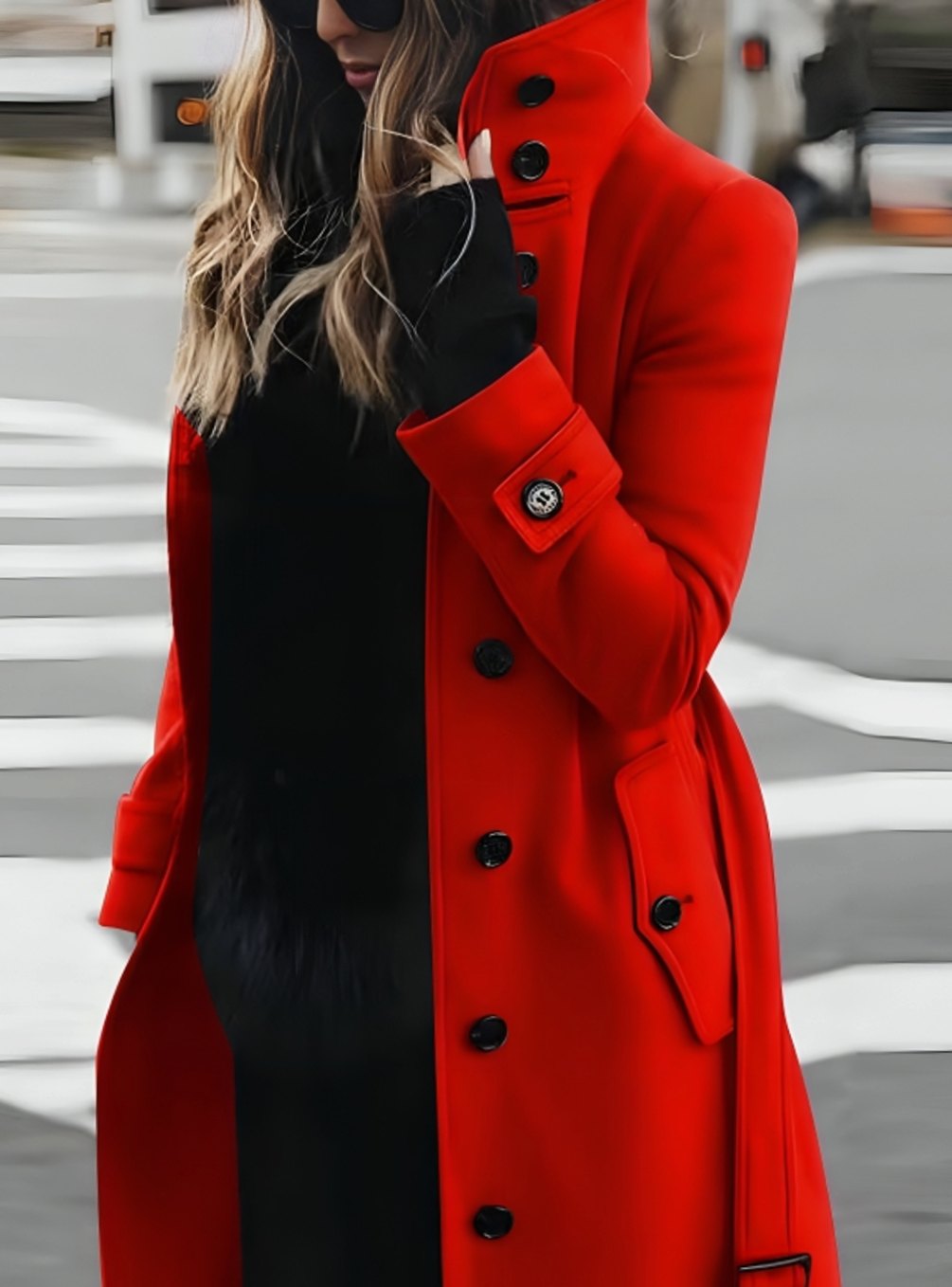 Women's Double-Breasted Belted Wool Coat High-Collar Trench - Red