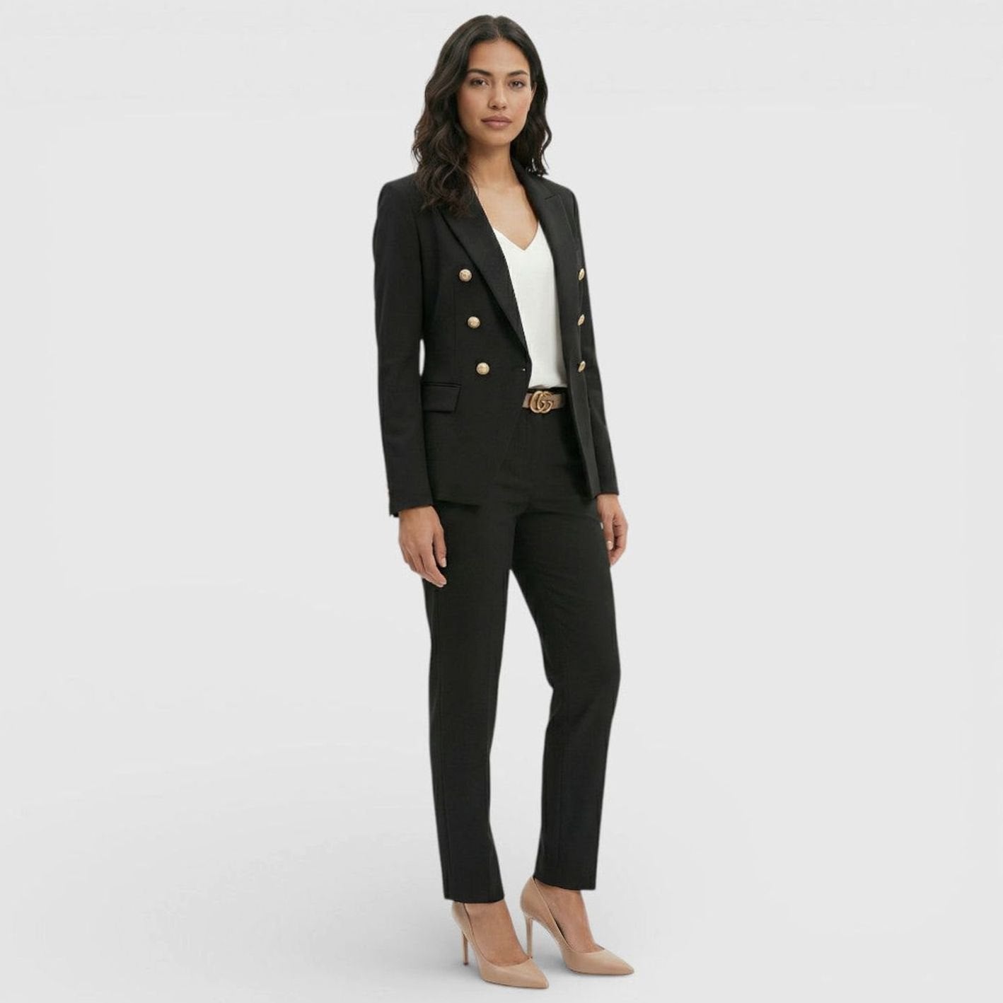 Women's Double-Breasted Blazer Trouser Suit Set Gold Buttons