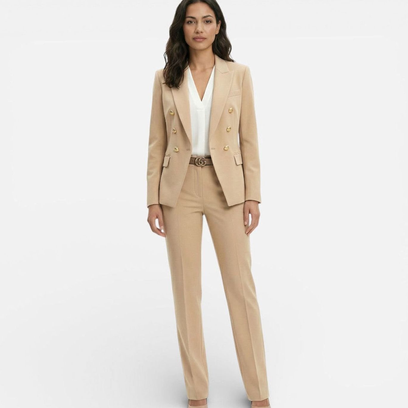 Women's Double-Breasted Blazer Trouser Suit Set Gold Buttons - Beige