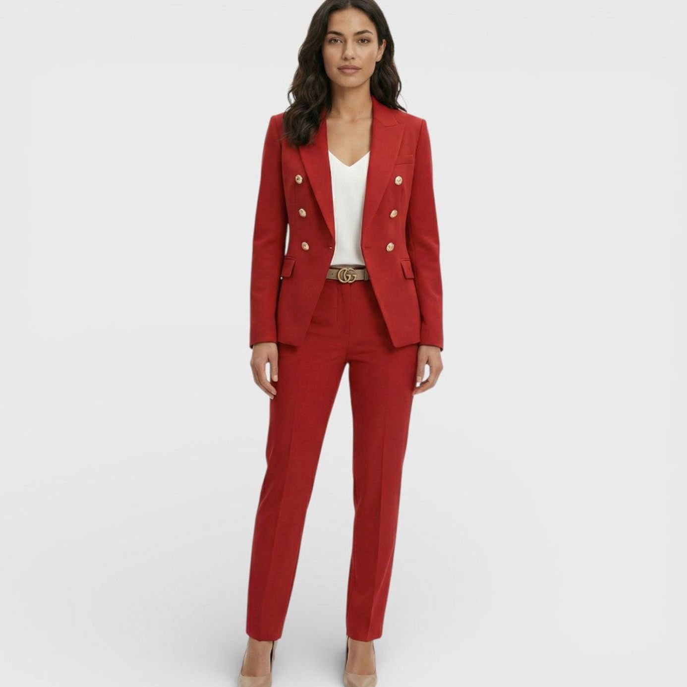 Women's Double-Breasted Blazer Trouser Suit Set Gold Buttons - Red