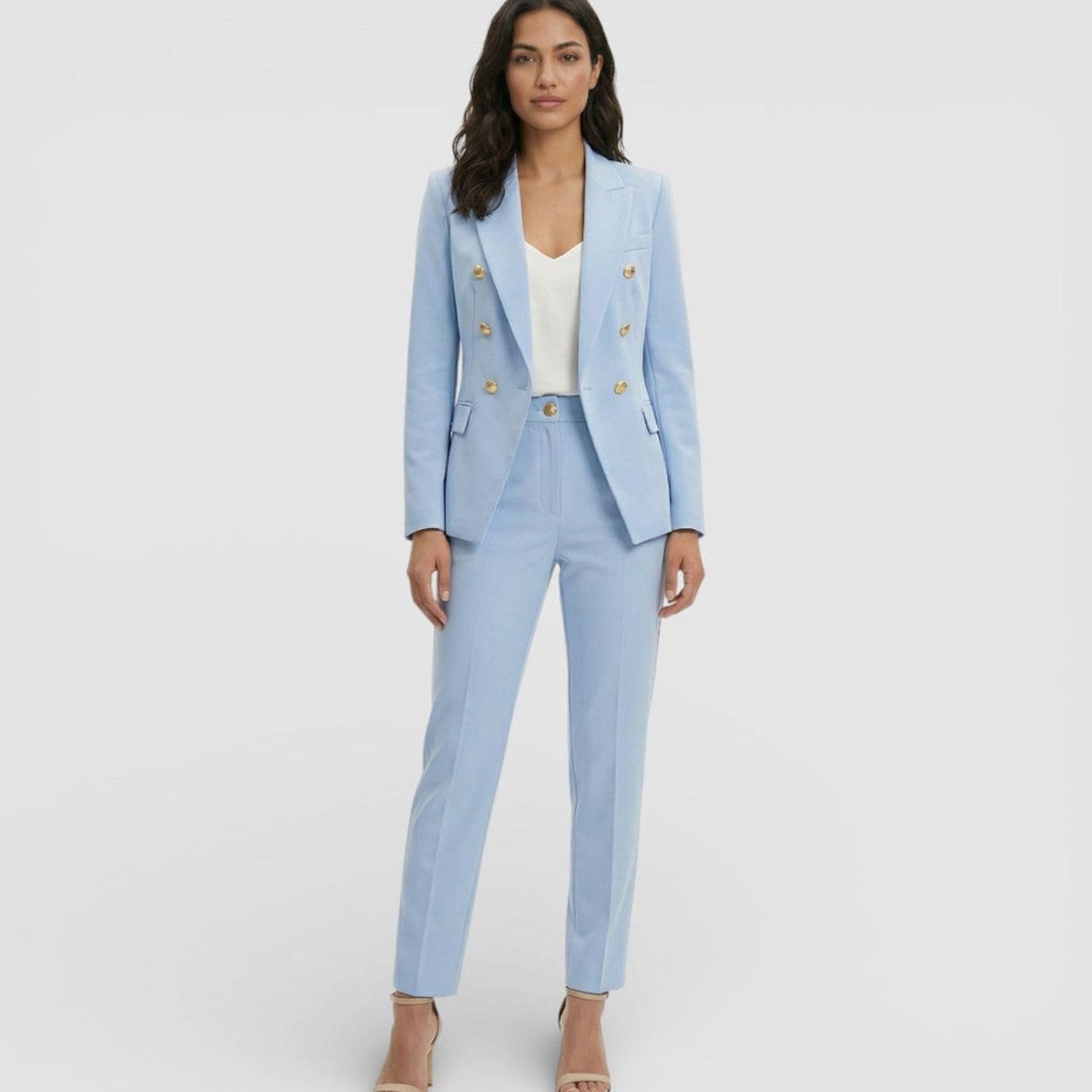 Women's Double-Breasted Blazer Trouser Suit Set Gold Buttons - Light Blue