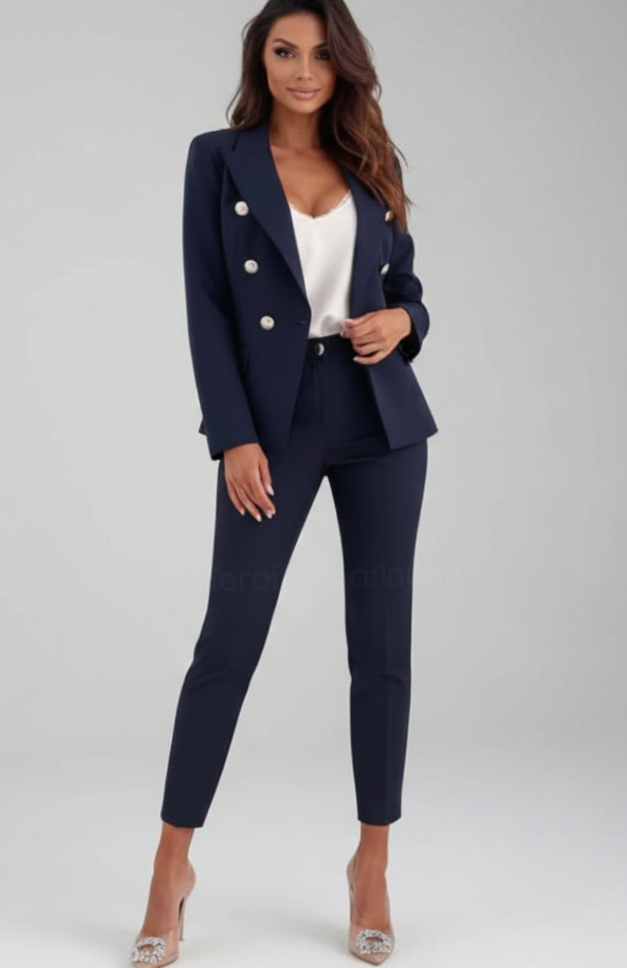 Women's Double-Breasted Blazer Trouser Suit Two-Piece Set - Navy Blue