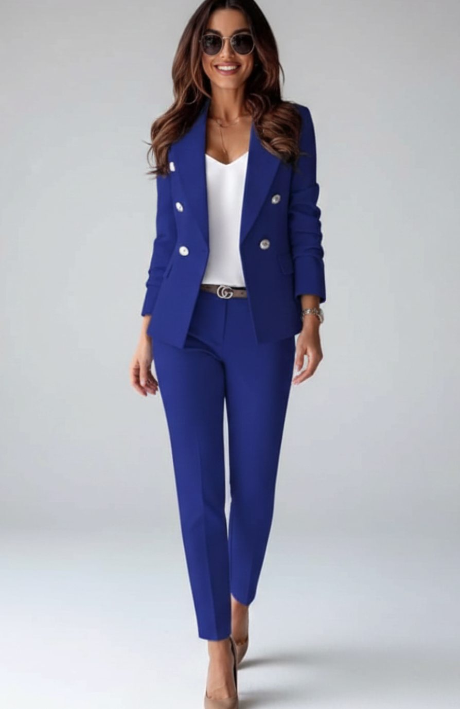 Women's Double-Breasted Blazer Trouser Suit Two-Piece Set - Blue