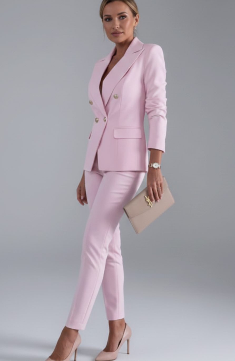 Women's Double-Breasted Blazer Trouser Suit Two-Piece Set - Pink