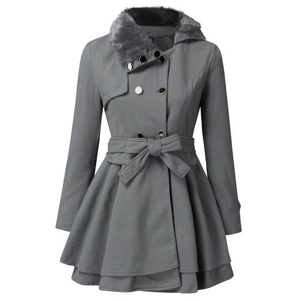 Women's Double-Breasted Faux Fur Collar Belted Flared Coat, Grey - Grey