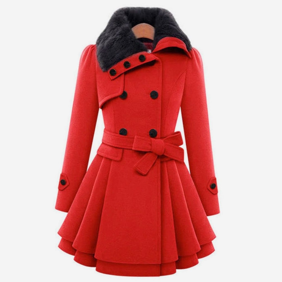 Women's Double-Breasted Faux Fur Collar Belted Flared Coat, Grey - Red