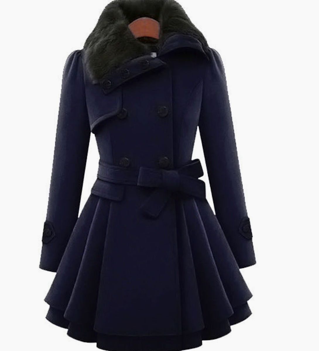 Women's Double-Breasted Faux Fur Collar Belted Flared Coat, Grey - Dark Blue