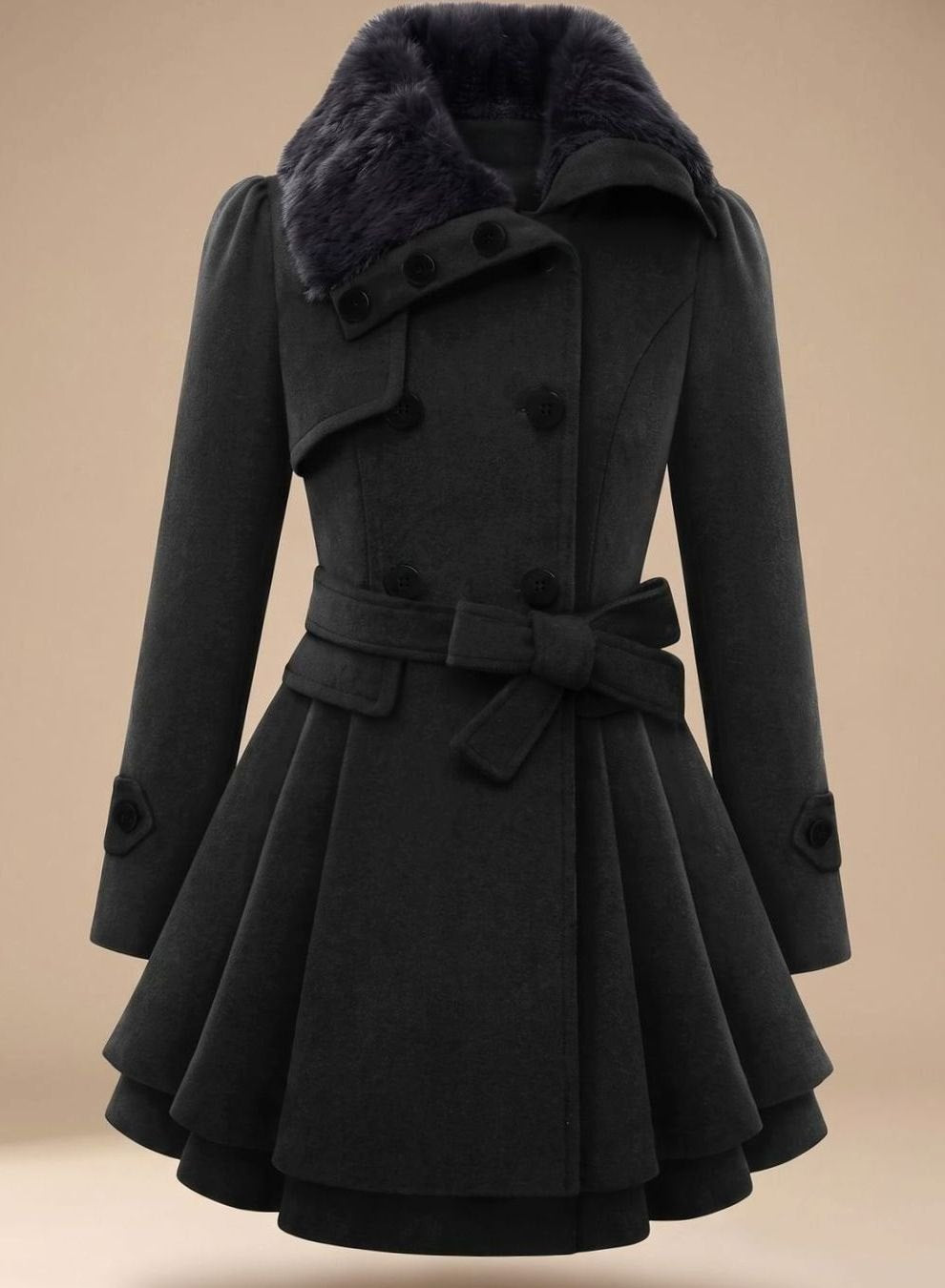 Women's Double-Breasted Faux Fur Collar Belted Flared Wool-Blend Coat - Black