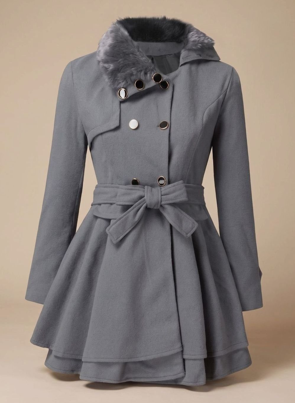 Women's Double-Breasted Faux Fur Collar Belted Flared Wool-Blend Coat - Grey