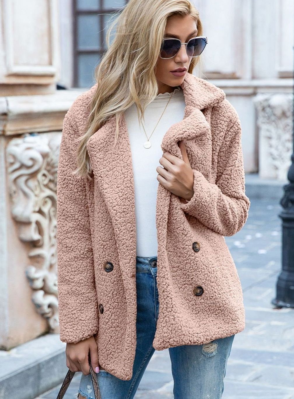 Women's Double-Breasted Faux Fur Teddy Coat Notched Lapel