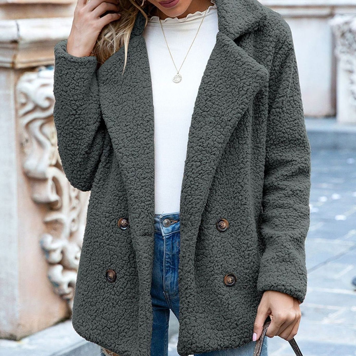 Women's Double-Breasted Faux Fur Teddy Coat Notched Lapel - Grey