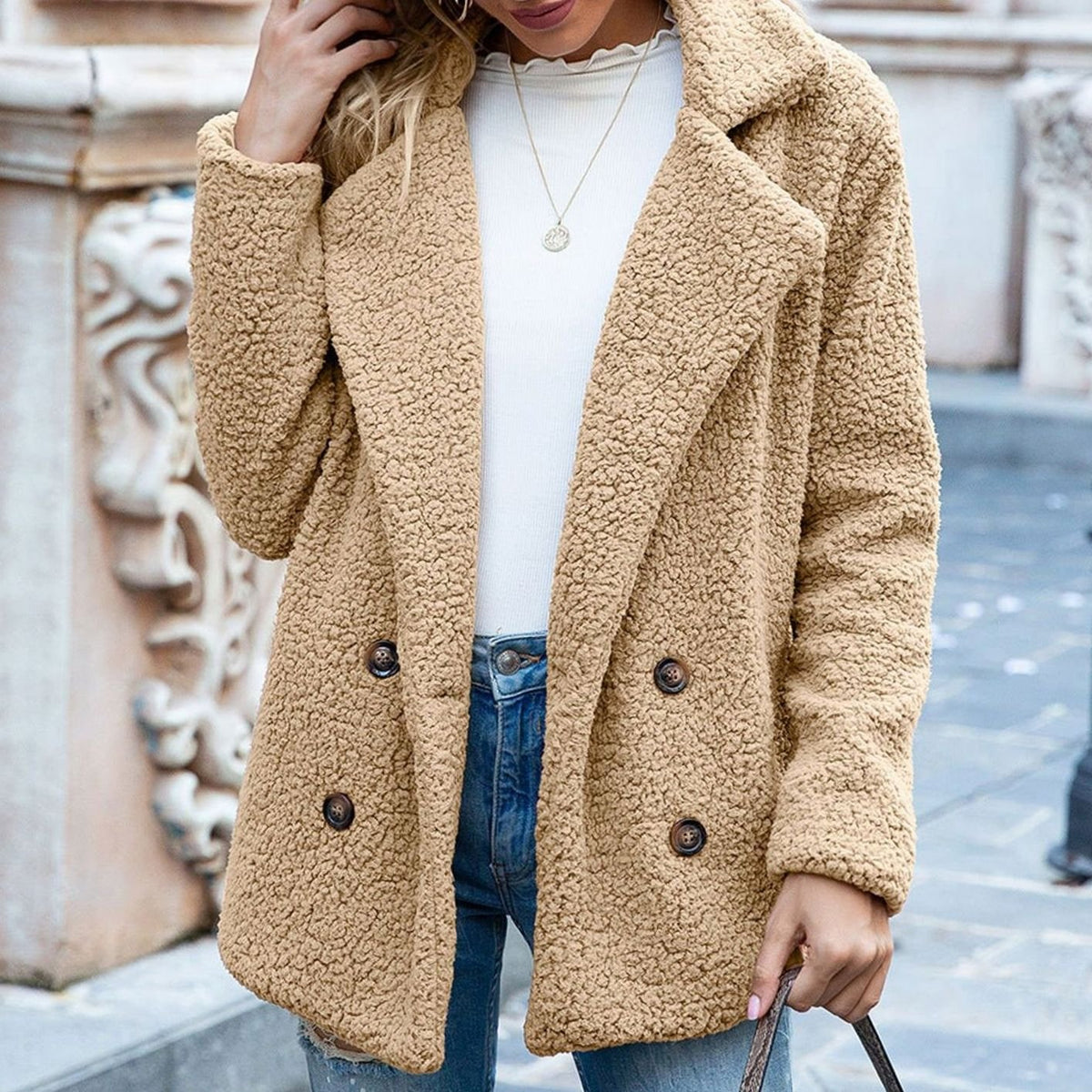 Women's Double-Breasted Faux Fur Teddy Coat Notched Lapel - Khaki