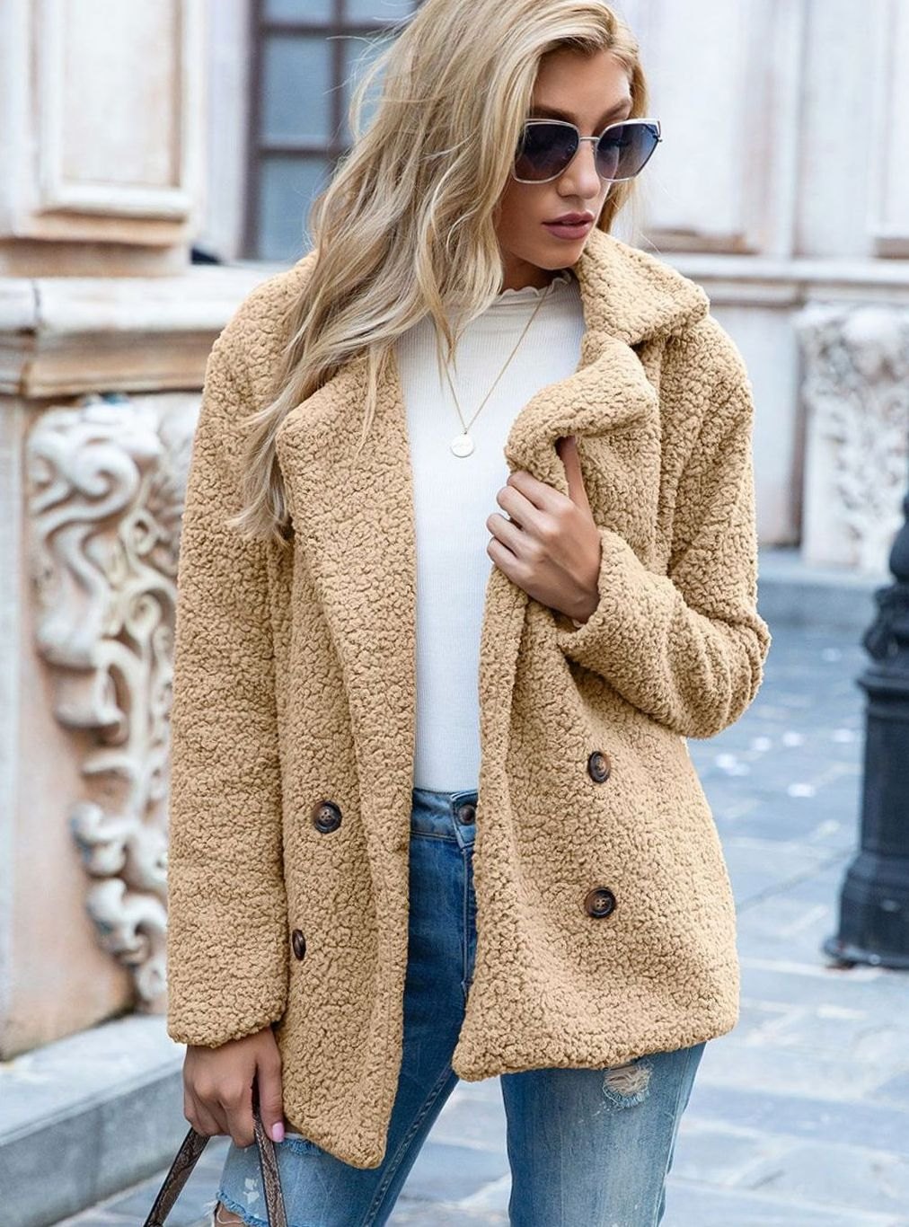Women's Double-Breasted Faux Fur Teddy Coat Notched Lapel