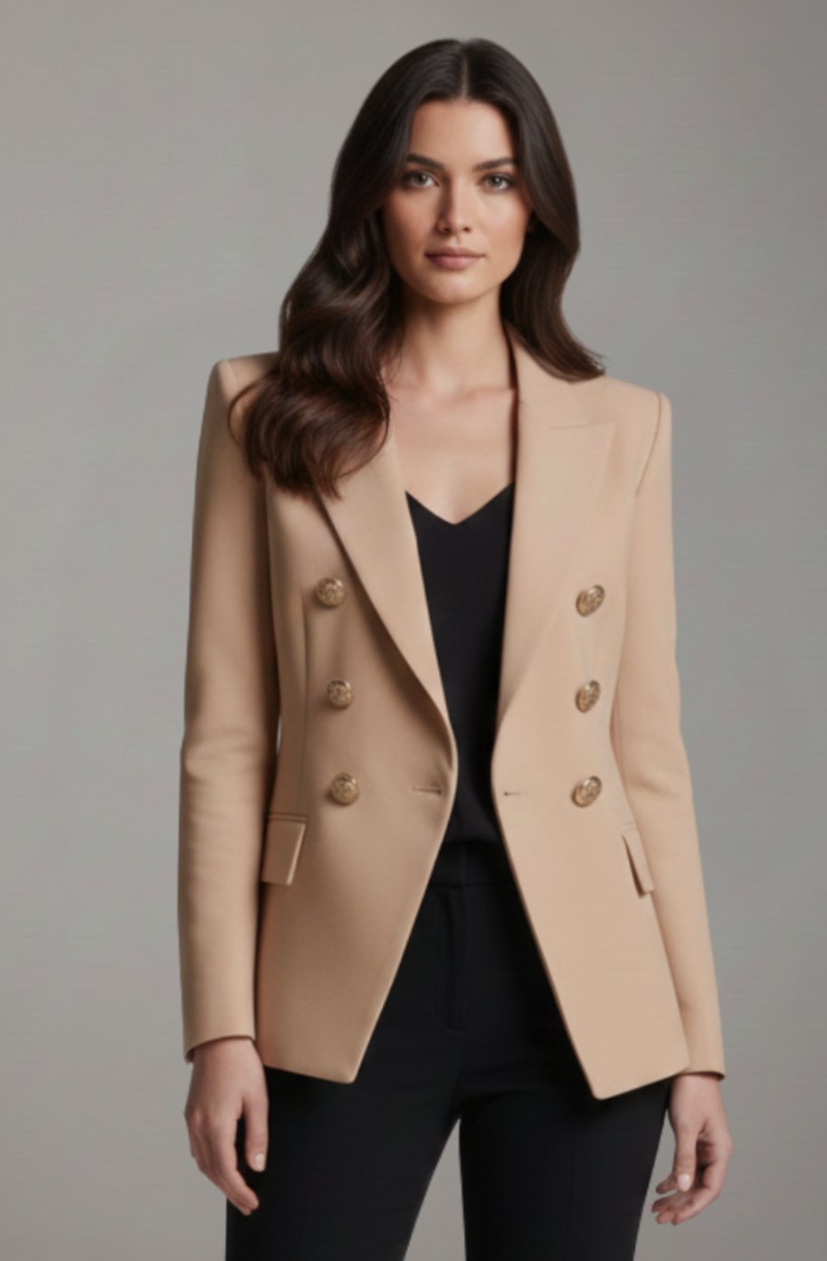 Women's Double-Breasted Gold-Button Tailored Blazer, Black - Khaki