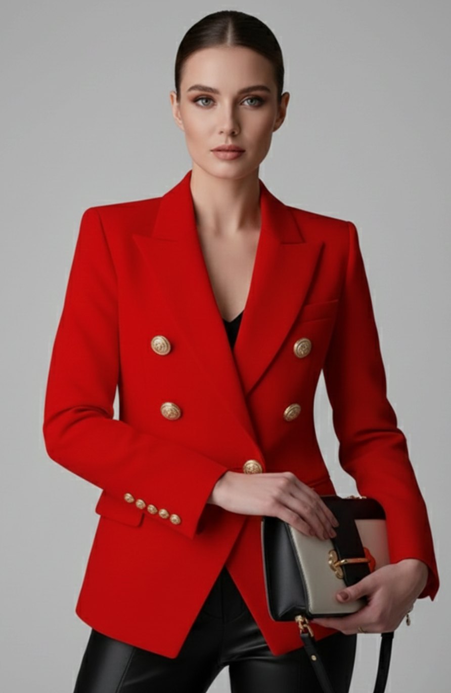 Women's Double-Breasted Gold-Button Tailored Blazer, Black - Red